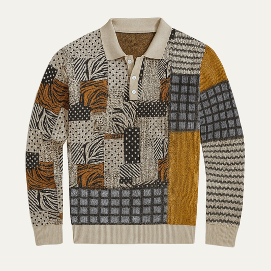 Men's Patchwork Polo Sweater Button Neck - Vonnera