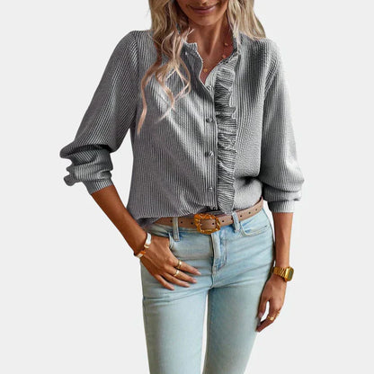 Women's Striped Blouse Ruffles Elegant Button Front