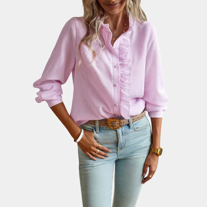Women's Striped Blouse Ruffles Elegant Button Front - Vonnera