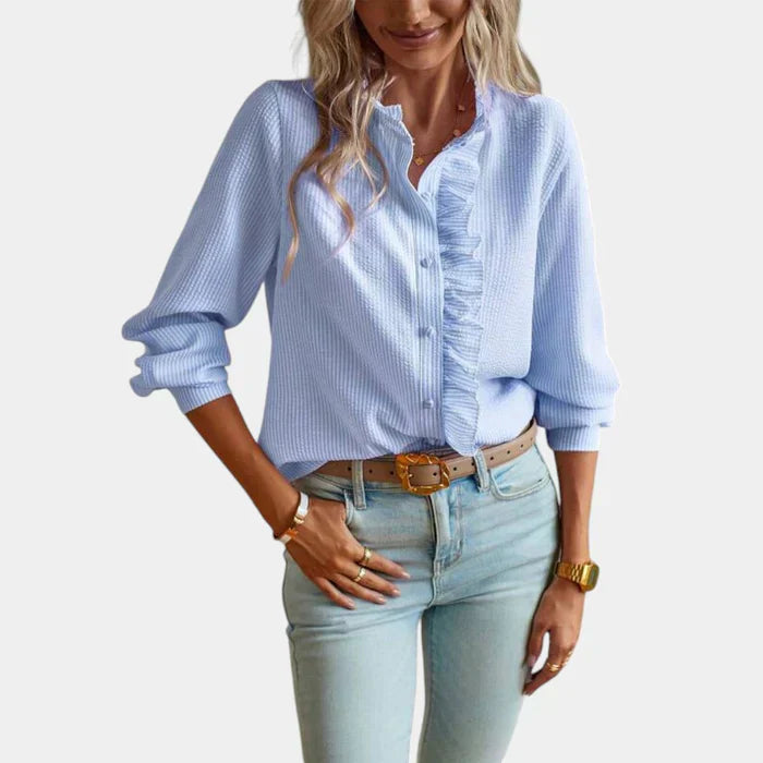 Women's Striped Ruffle Blouse Elegant Button Front