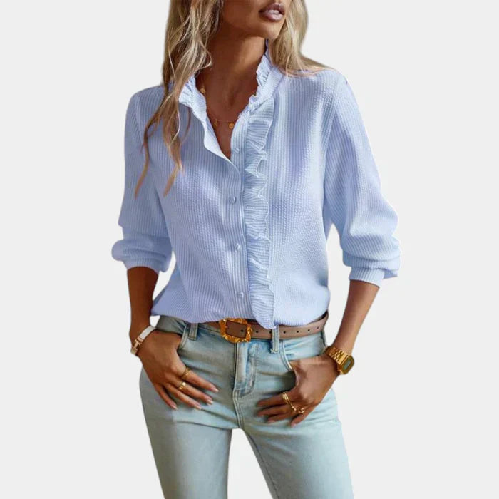 Women's Striped Blouse Ruffles Elegant Button Front