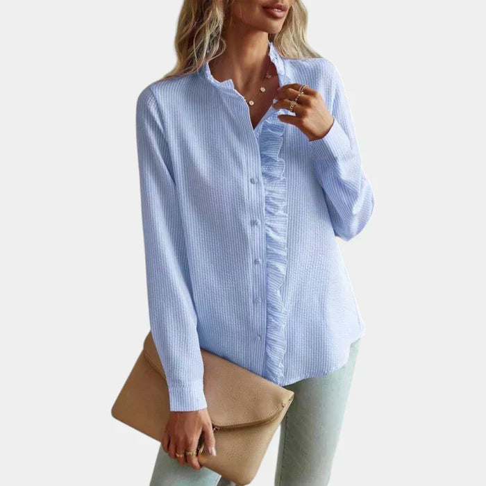 Women's Striped Ruffle Blouse Elegant Button Front