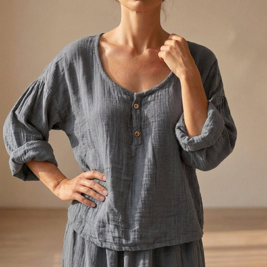 Women's Cotton Blend V-Neck Blouse Textured Sleeves - Vonnera