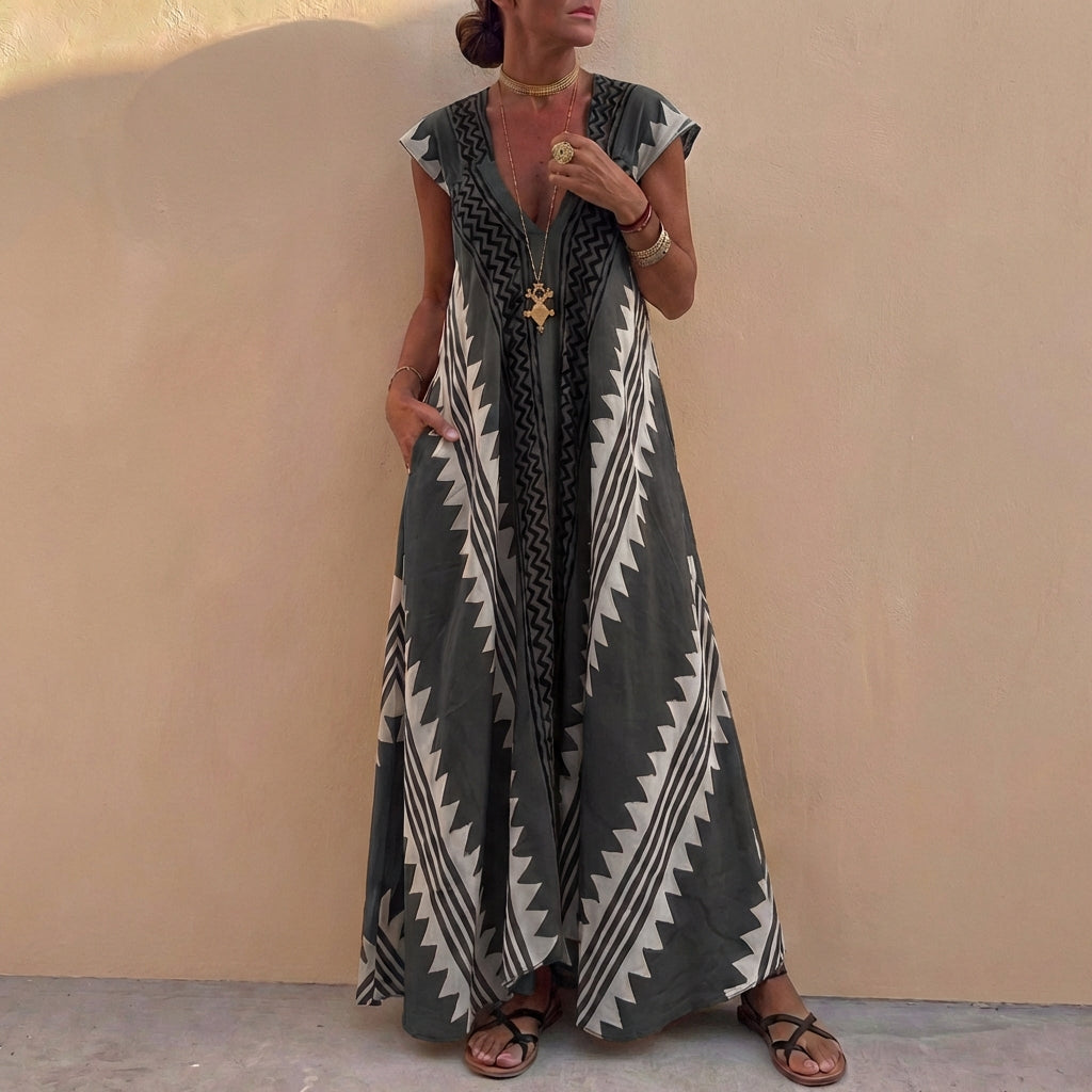 Bohemian A-Line Maxi Dress V-Neck Geometric Print - Vonnera