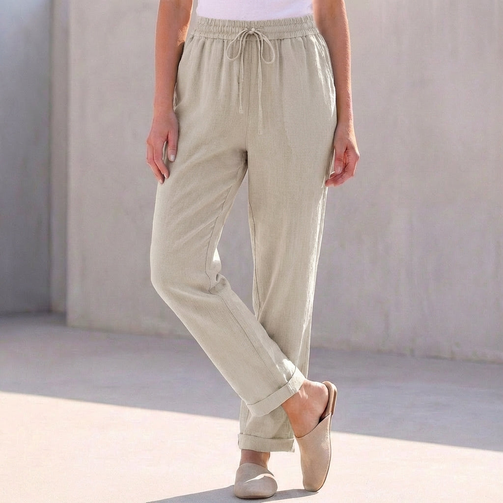 Relaxed Fit Cotton Linen Ankle Pants Drawstring Waist