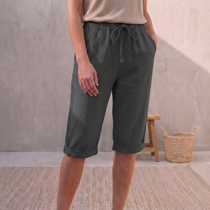 Linen Capri Pants Relaxed Fit Drawstring Waist Cuffed Beige