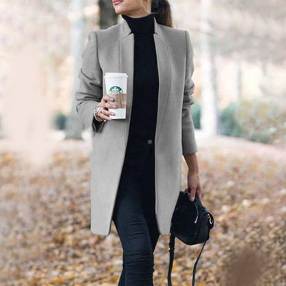 Women's Long Wool Trench Coat Stand Collar Sleek Fit Warm Beige