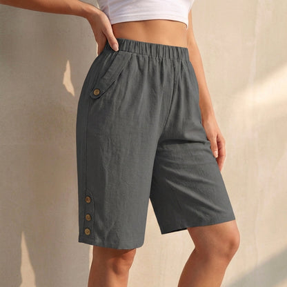 Women's High-Waist Knee-Length Shorts Button Accents