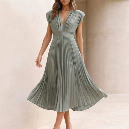 Women's Pleated Maxi Dress V-Neck Defined Waist