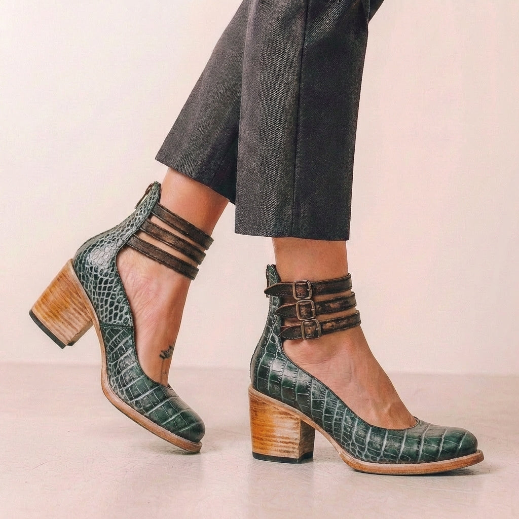 Vegan Leather Block Heel Pumps Buckled Ankle Strap Black