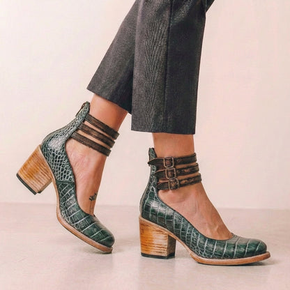 Vegan Leather Block Heel Pumps Buckled Ankle Strap Black