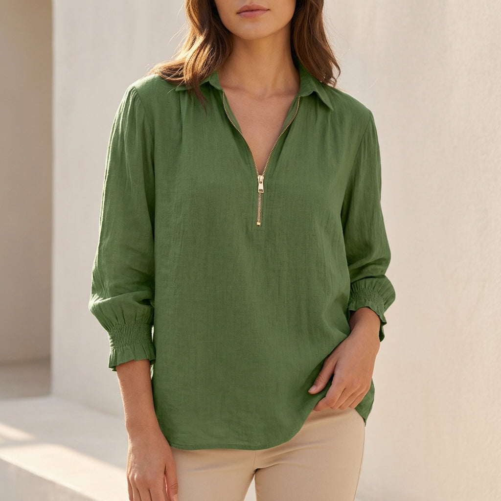 Linen Oversized Zip Up Blouse Relaxed Fit