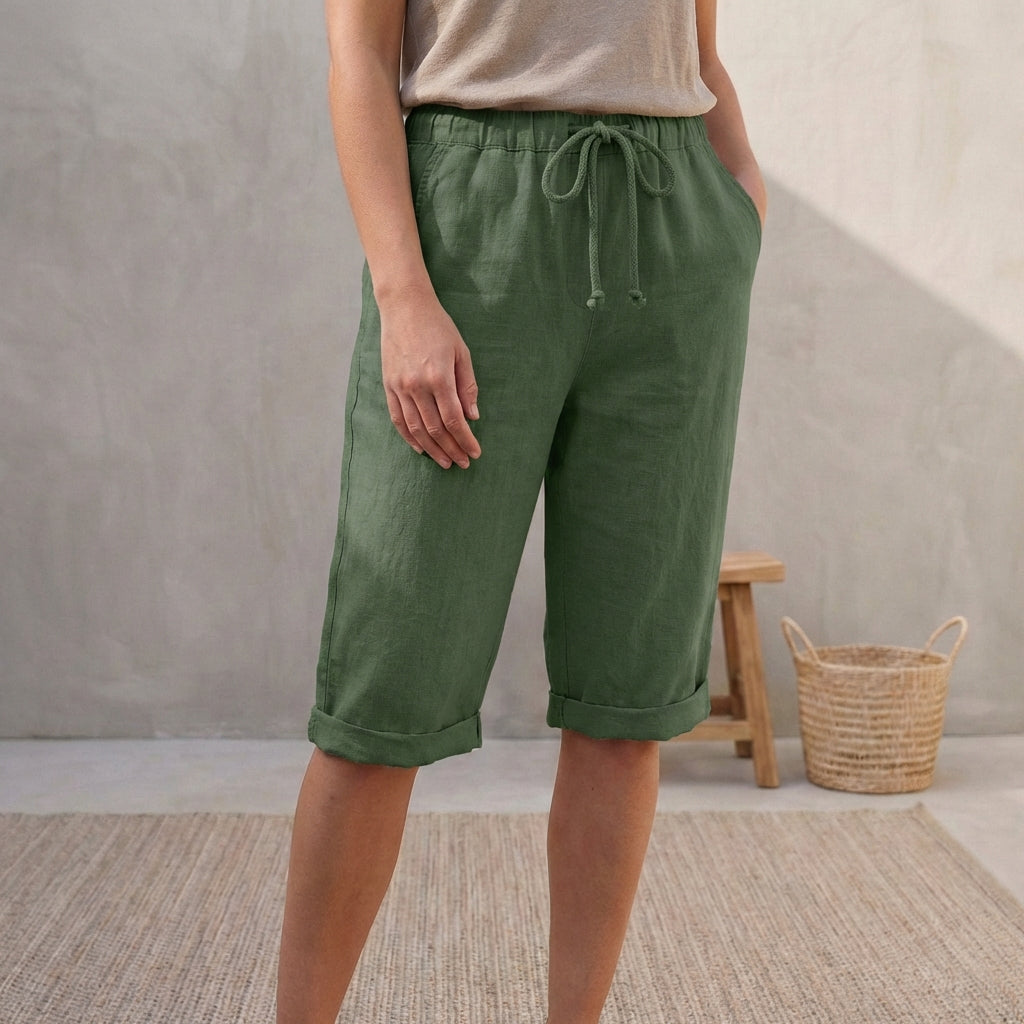 Linen Capri Pants Relaxed Fit Drawstring Waist Cuffed Beige
