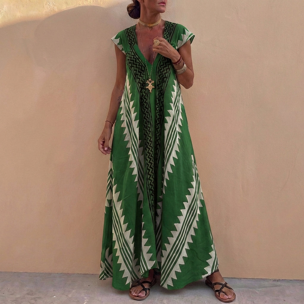 Bohemian A-Line Maxi Dress V-Neck Geometric Print