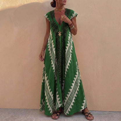 Bohemian A-Line Maxi Dress V-Neck Geometric Print