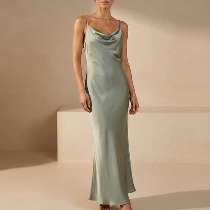 Women's Satin Maxi Dress Cowl Neck Spaghetti Straps Evening - Vonnera