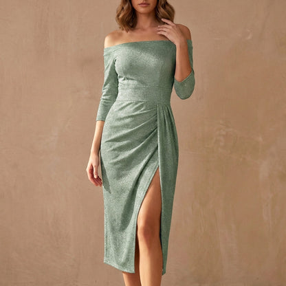 Women's Off Shoulder Knit Midi Dress Ruched High Slit