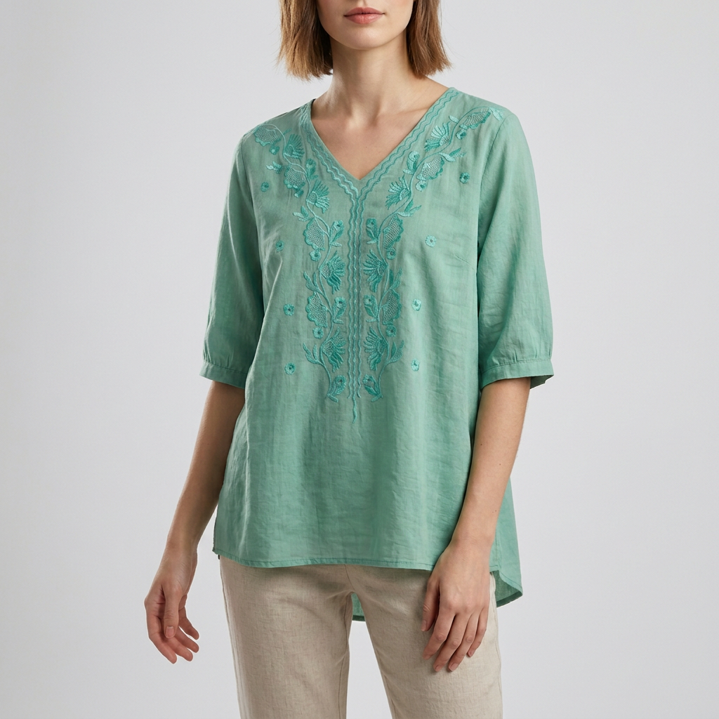 Women's Relaxed Fit V-Neck Blouse Embroidered Floral White - Vonnera