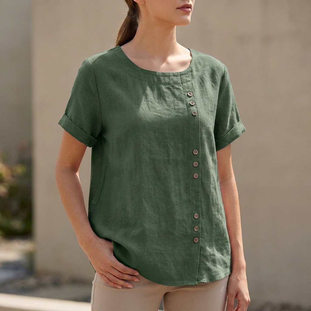 Women's Relaxed Fit Short Sleeve Blouse Asymmetric Button Detail