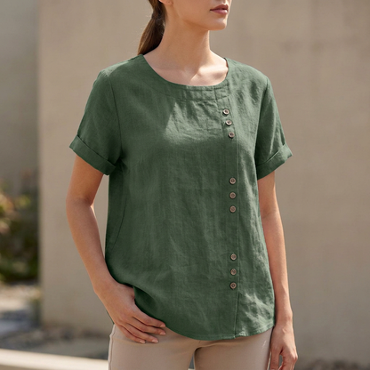Women's Relaxed Fit Short Sleeve Blouse Asymmetric Button Detail