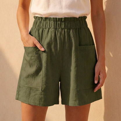 Women's Relaxed Fit Paperbag Shorts Cotton Patch Pockets Beige