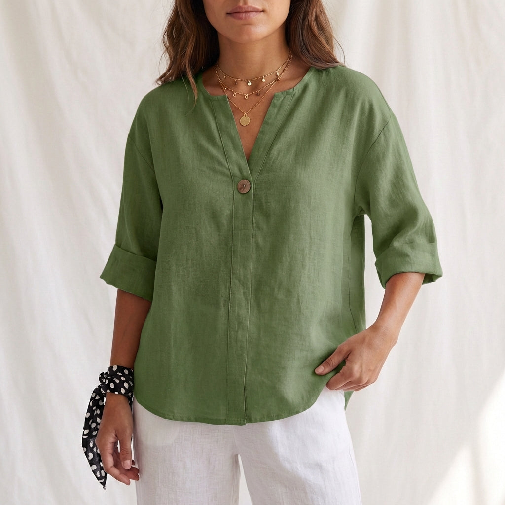 Women's Cotton Blouse V-Neck Cuffed Sleeves White