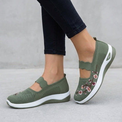 Women's Mesh Mary Jane Flats Floral Embroidery