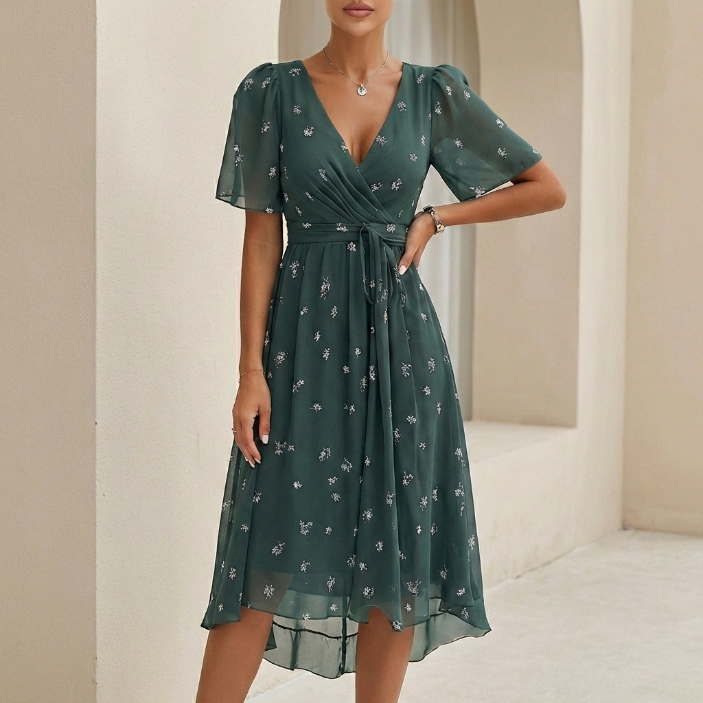 Women's Midi Wrap Dress Chiffon Tie Waist - Vonnera