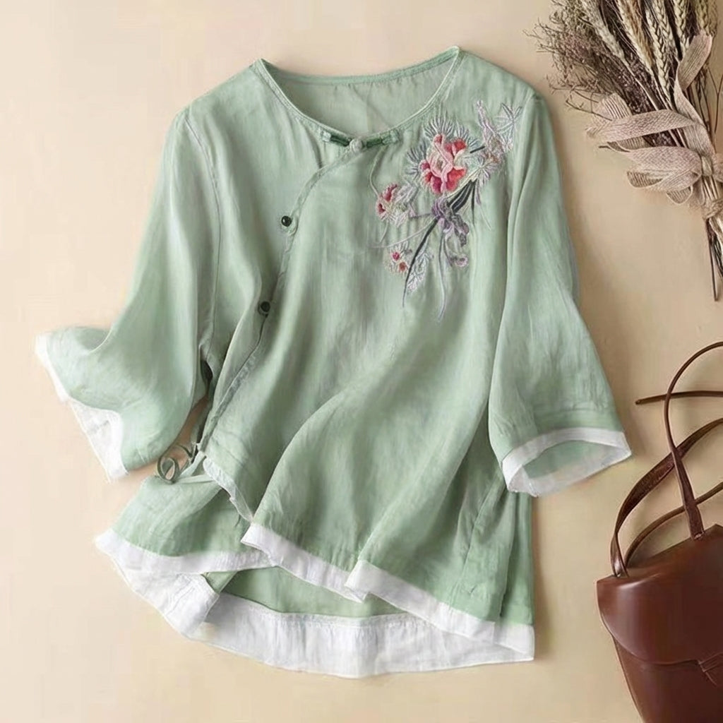 Linen Blend Kimono Blouse Embroidered