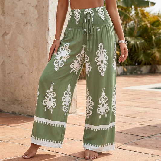 Wide Leg Bohemian Pants Flowy Gathered Waist Decorative Hem - Vonnera