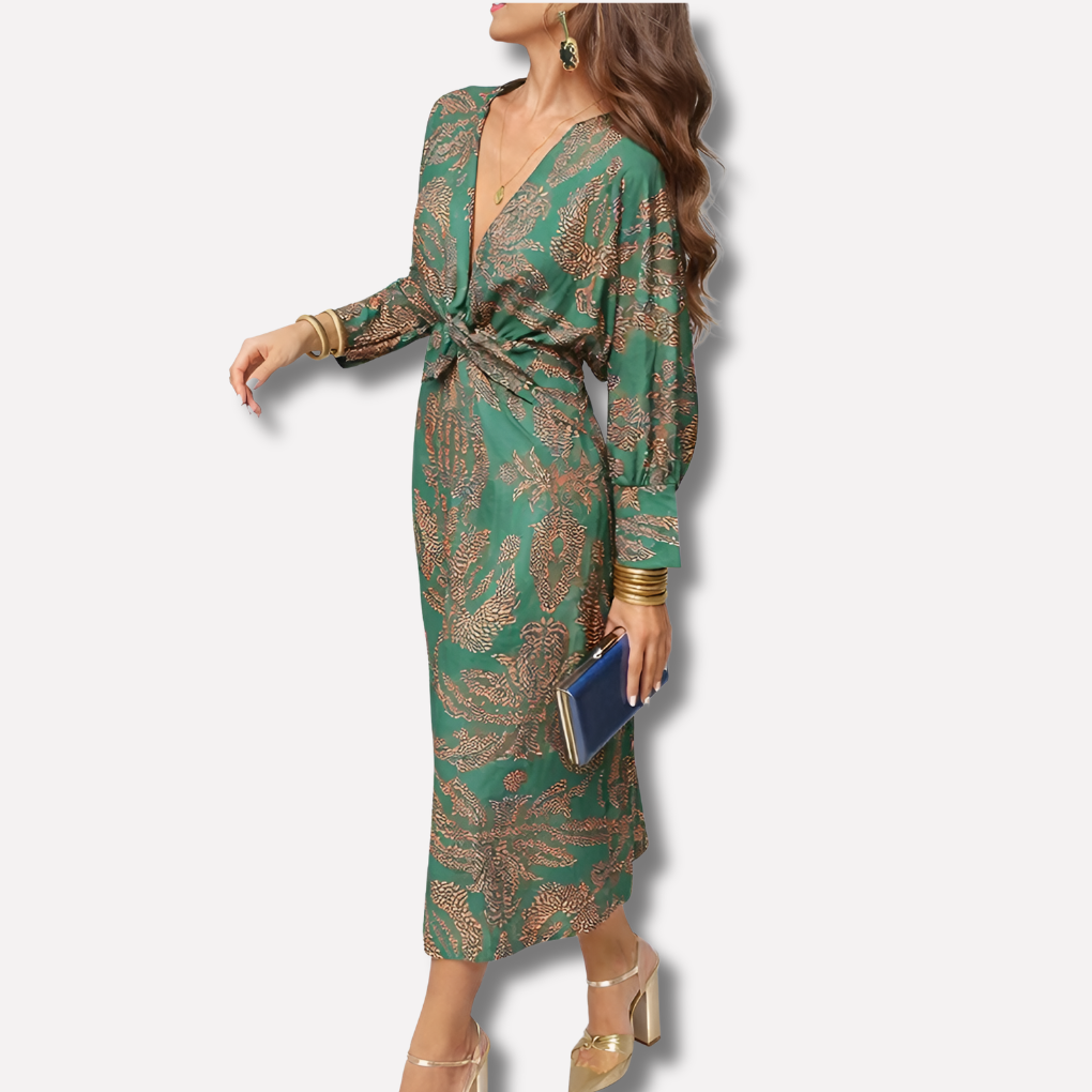 Women's Printed Midi Dress V-Neck Knot Front - Vonnera