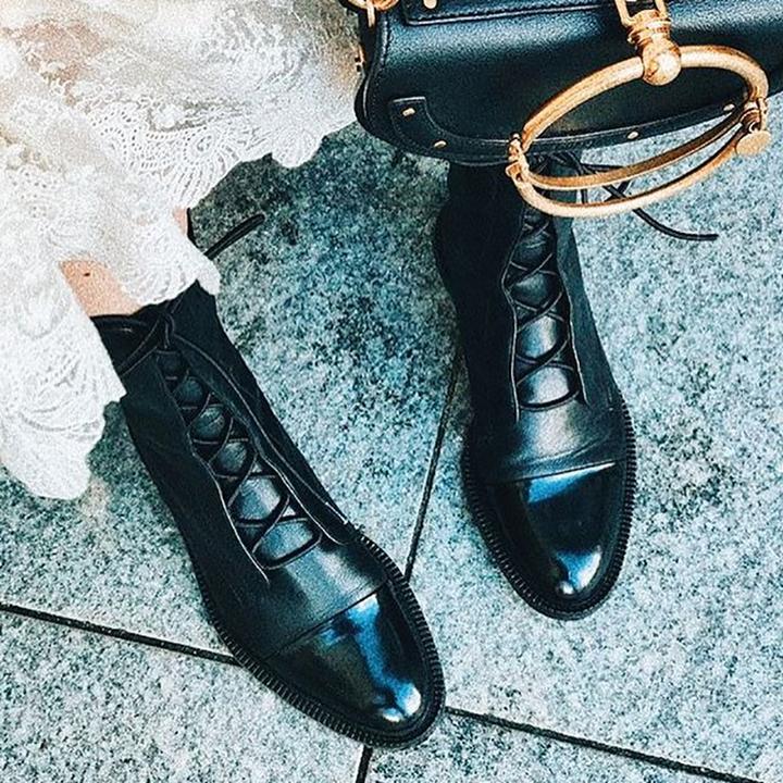 Women's Mid-Calf Lace-Up Boots Low Heel Black