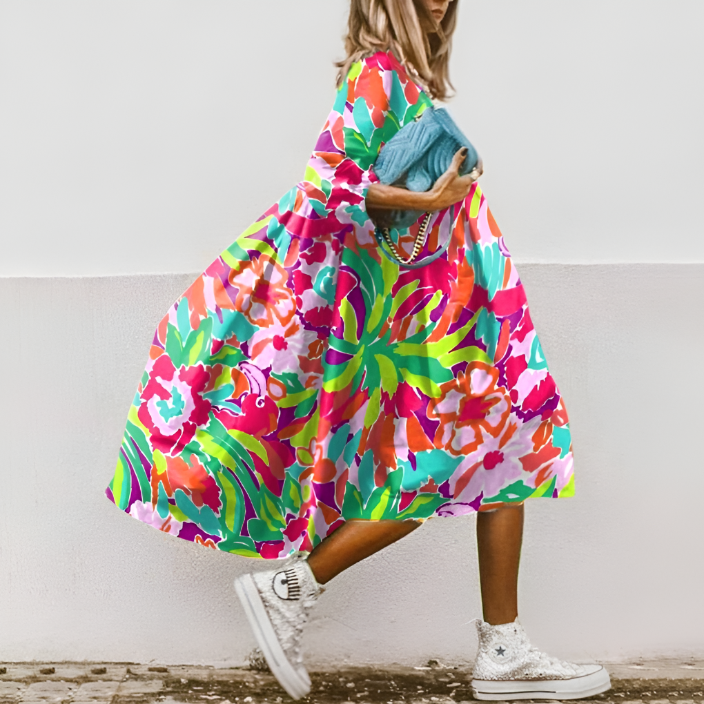 Women's Floral Midi Dress Oversized Cotton Print