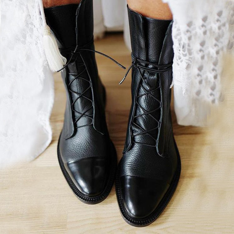 Women's Mid-Calf Lace-Up Boots Low Heel Black - Vonnera
