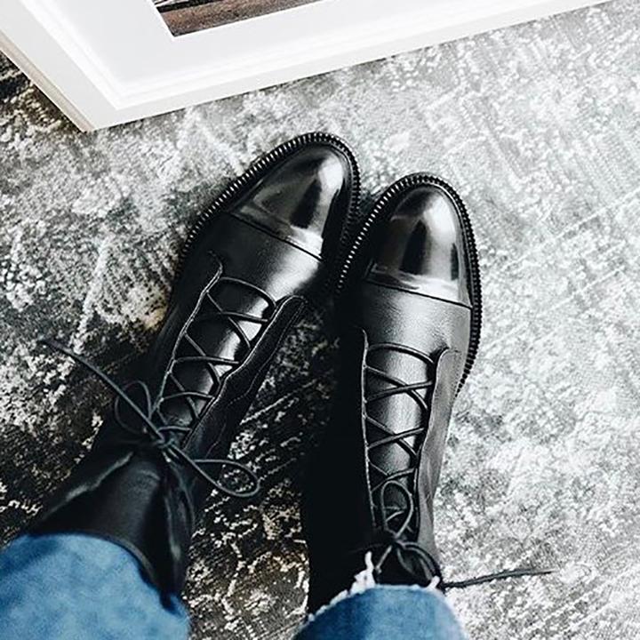 Women's Mid-Calf Lace-Up Boots Low Heel Black
