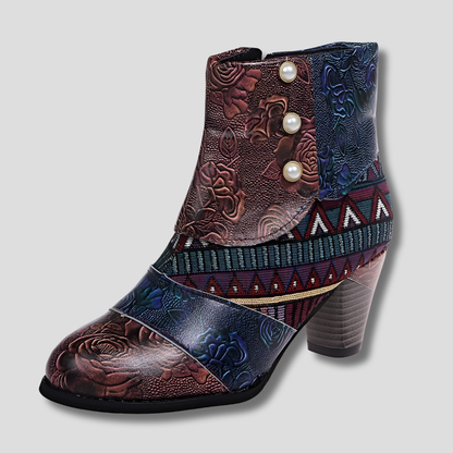 Women's Embossed Leather Ankle Boots Chunky Heel