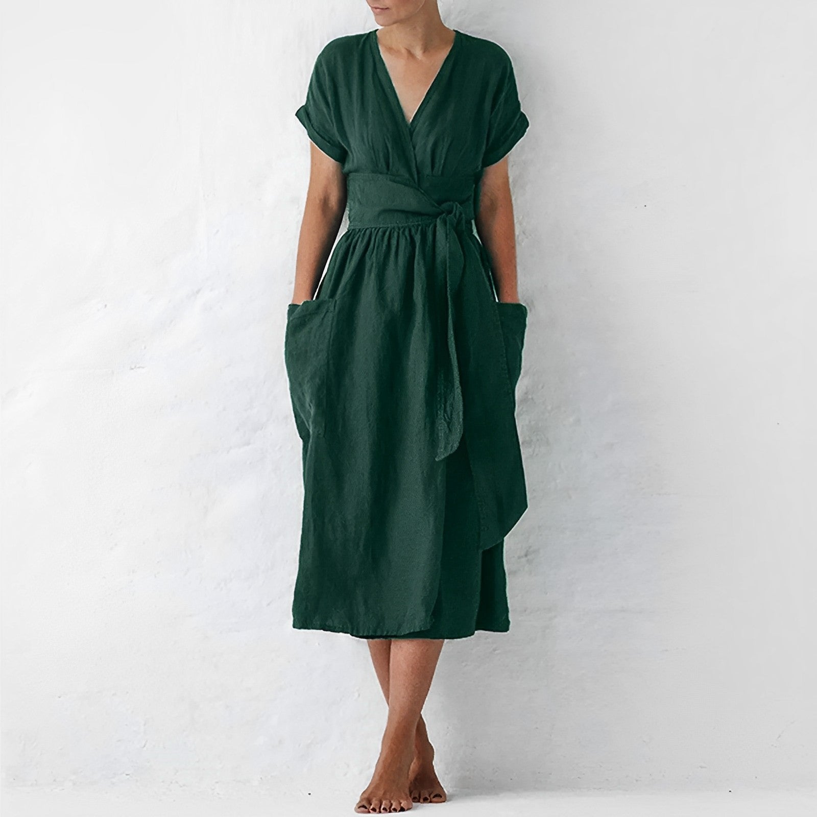 Women's Linen Midi Wrap Dress with Pockets Relaxed Fit - Vonnera