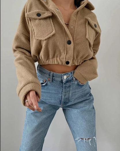 Women's Cropped Bomber Jacket Button Front Flap Pockets
