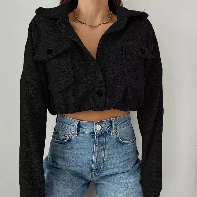 Women's Cropped Bomber Jacket Button Front Flap Pockets