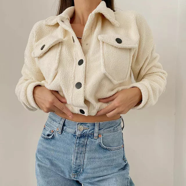 Women's Cropped Bomber Jacket Button Front Flap Pockets - Vonnera