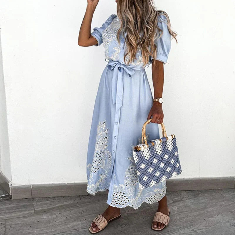 Women's Blue Embroidered Dress - Vonnera