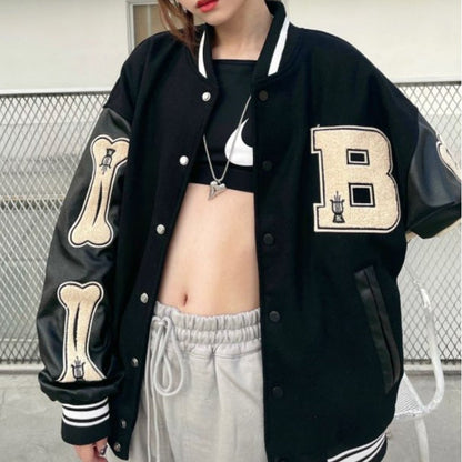 Women's Graphic Varsity Bomber Jacket Bone Sleeve Design