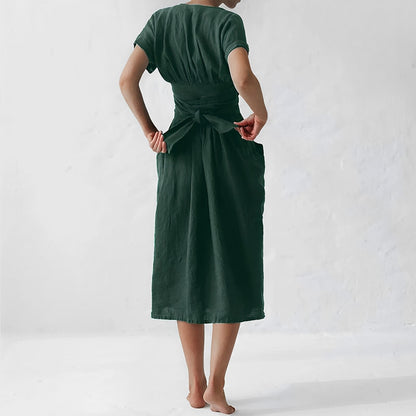 Women's Linen Midi Wrap Dress with Pockets Relaxed Fit