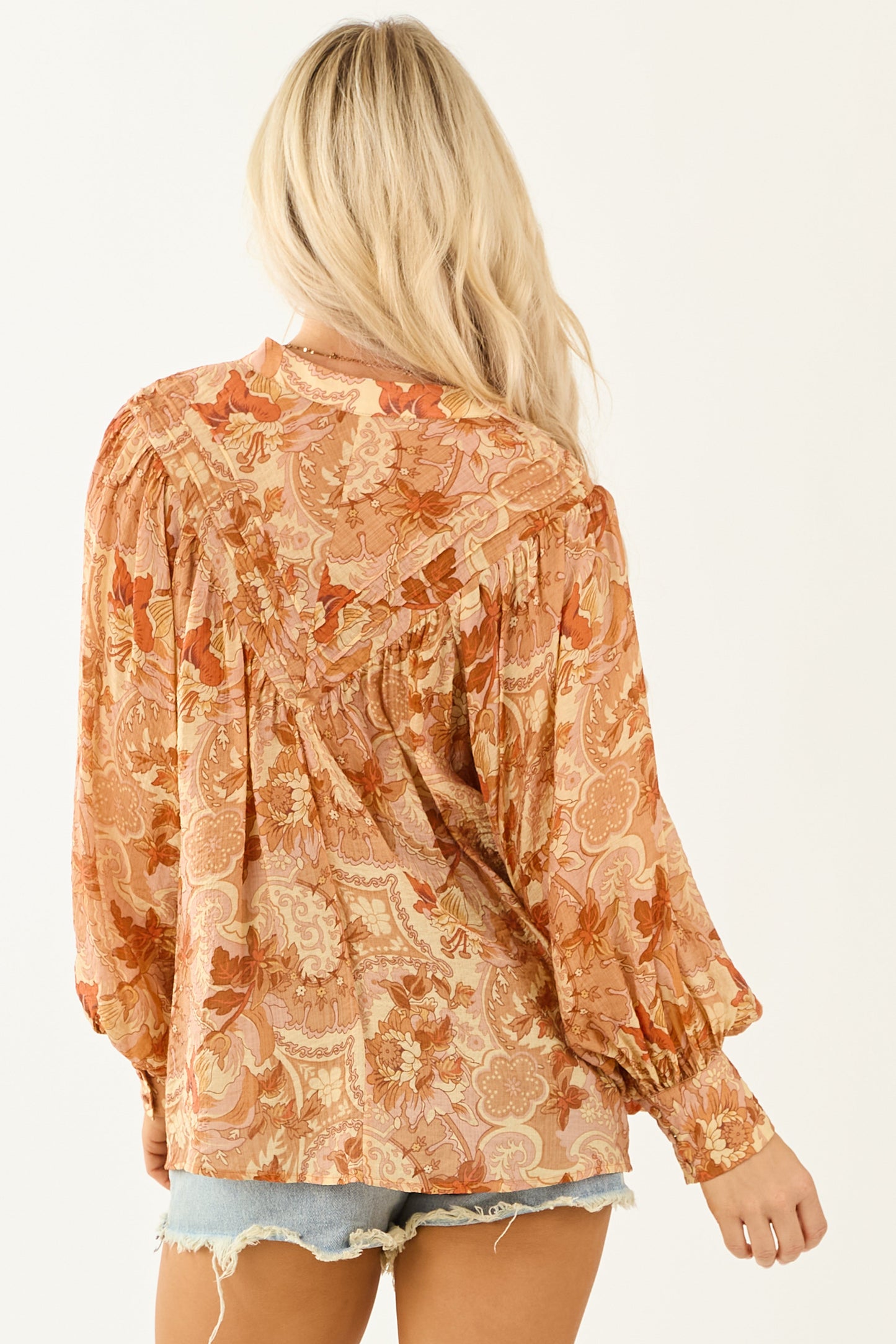 Women's Paisley Blouse Pleated Button-Up Floral