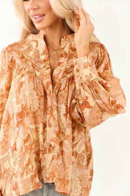 Women's Paisley Blouse Pleated Button-Up Floral