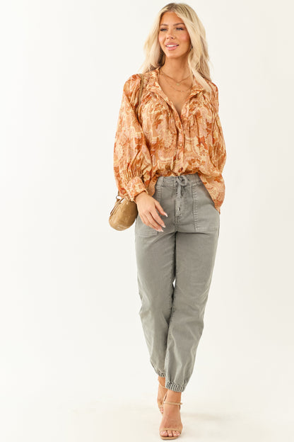 Women's Paisley Blouse Pleated Button-Up Floral