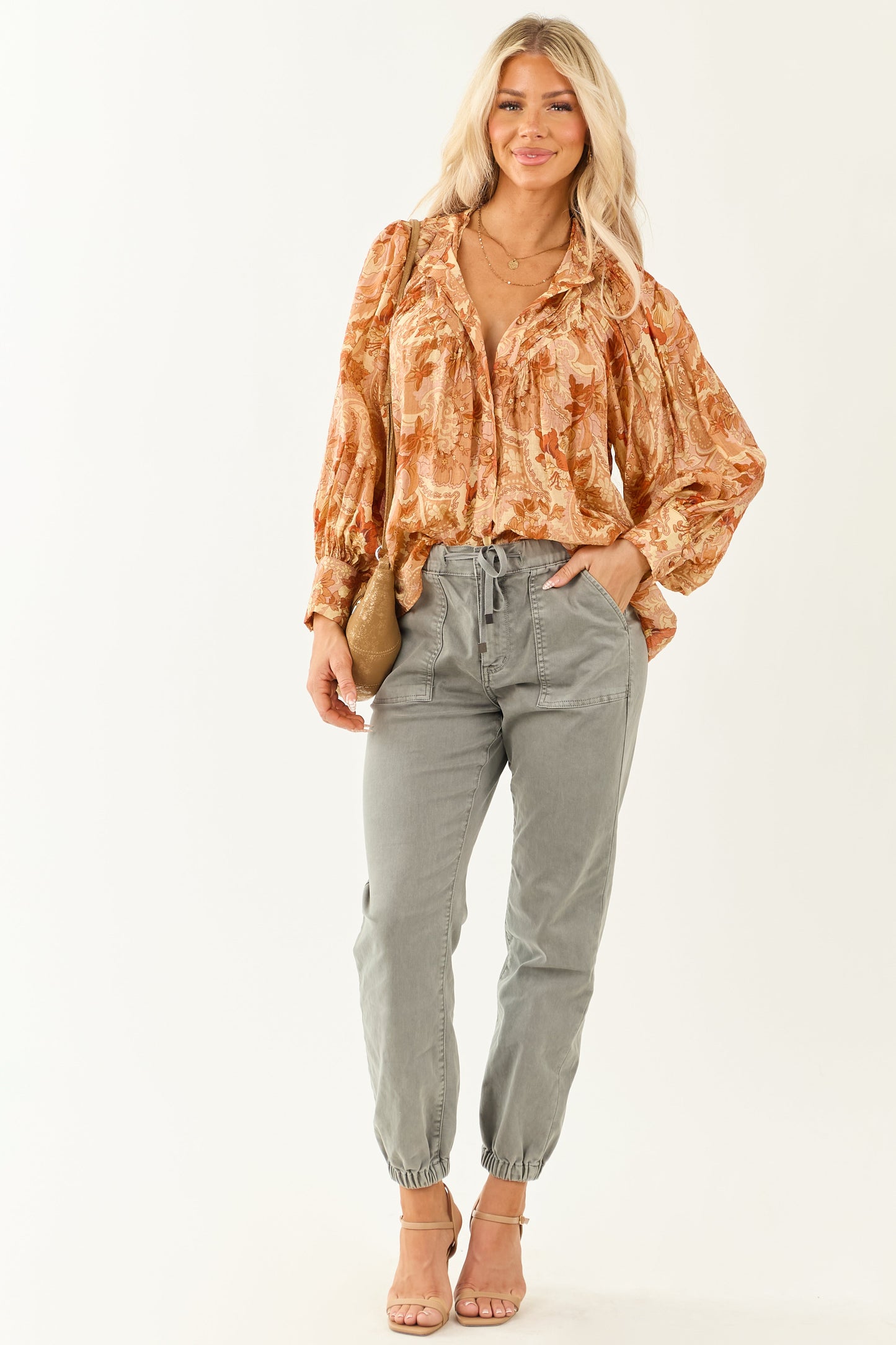 Women's Paisley Blouse Pleated Button-Up Floral