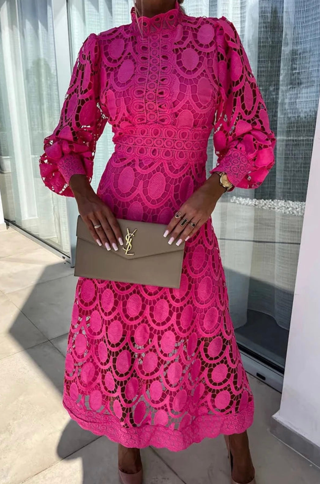 Women's Midi Dress Openwork Lace - Vonnera