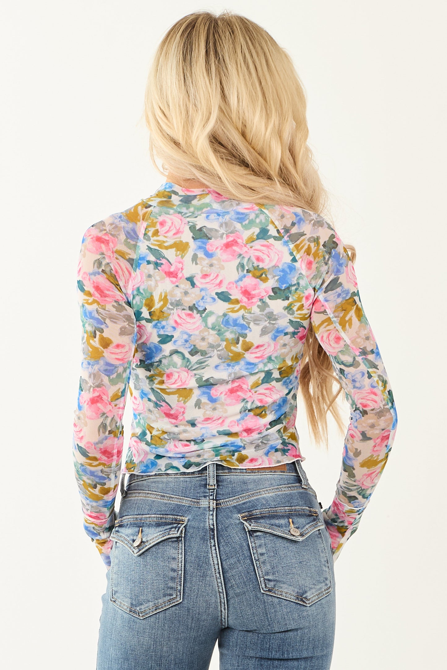 Women's Long Sleeve Mock Neck Floral Print Ivory