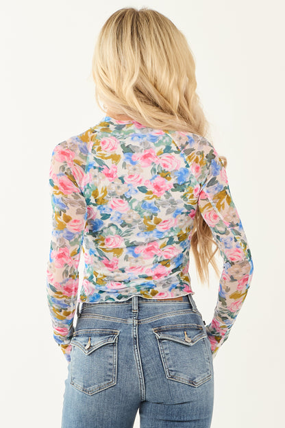 Women's Long Sleeve Mock Neck Floral Print Ivory